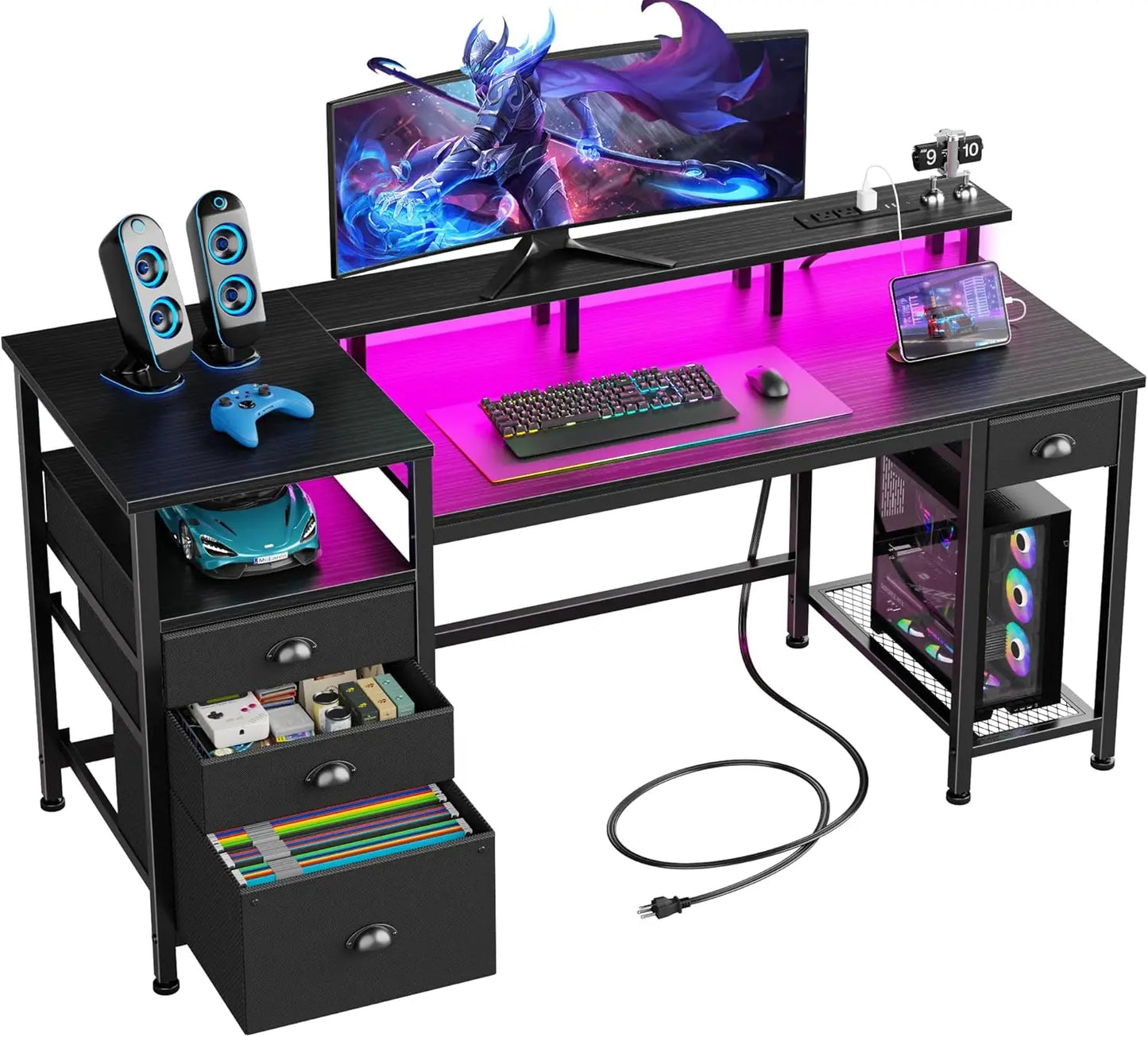 60" Black Computer Desk with 4 Drawers and Printer Space, Gaming Desk with LED Lights and USB Power Outlets, Home Office Desk