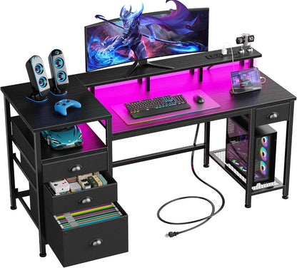 60" Black Computer Desk with 4 Drawers and Printer Space, Gaming Desk with LED Lights and USB Power Outlets, Home Office Desk