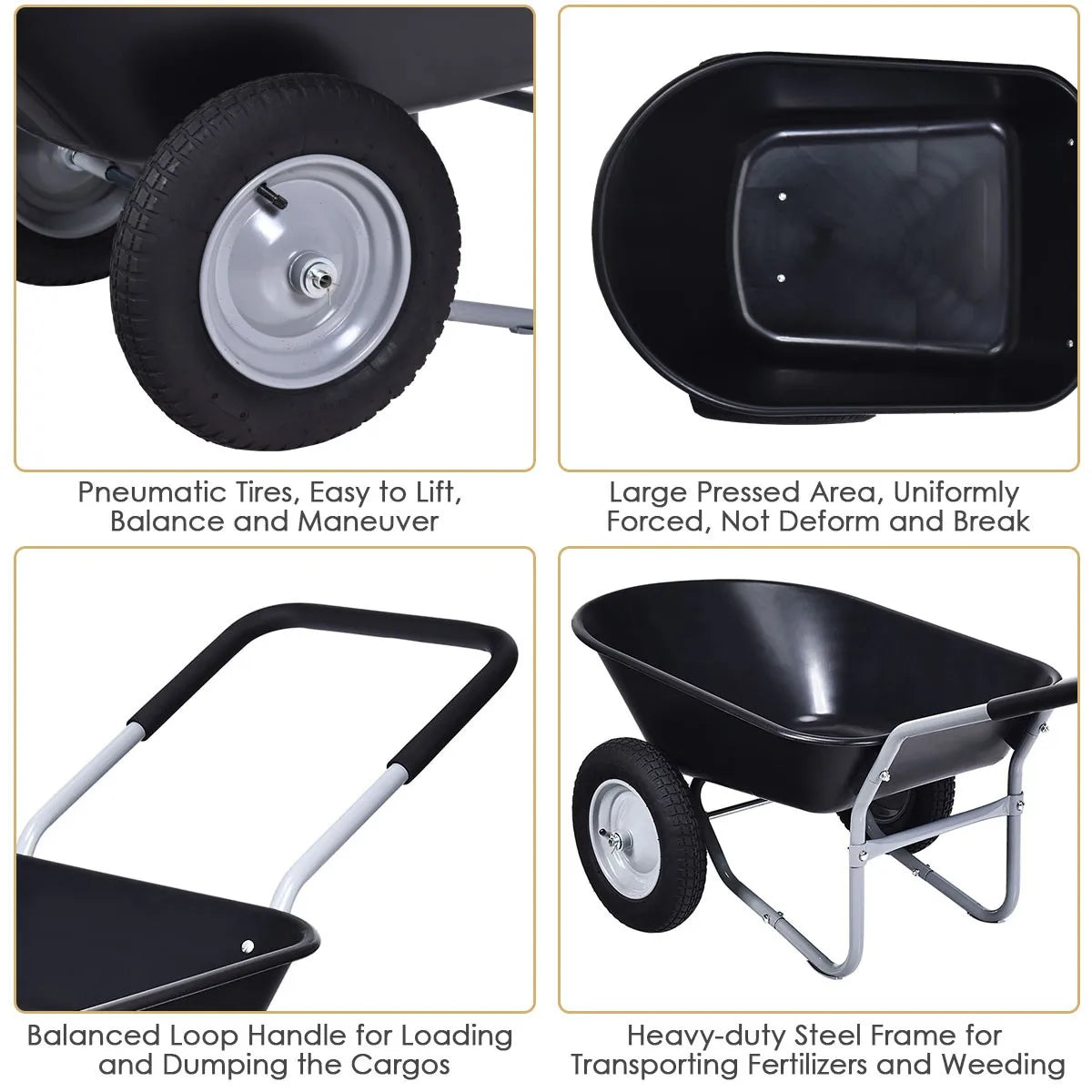 Dual Wheel Wheelbarrow Heavy Duty Garden Cart 330lbs Capacity Utility Cart Black