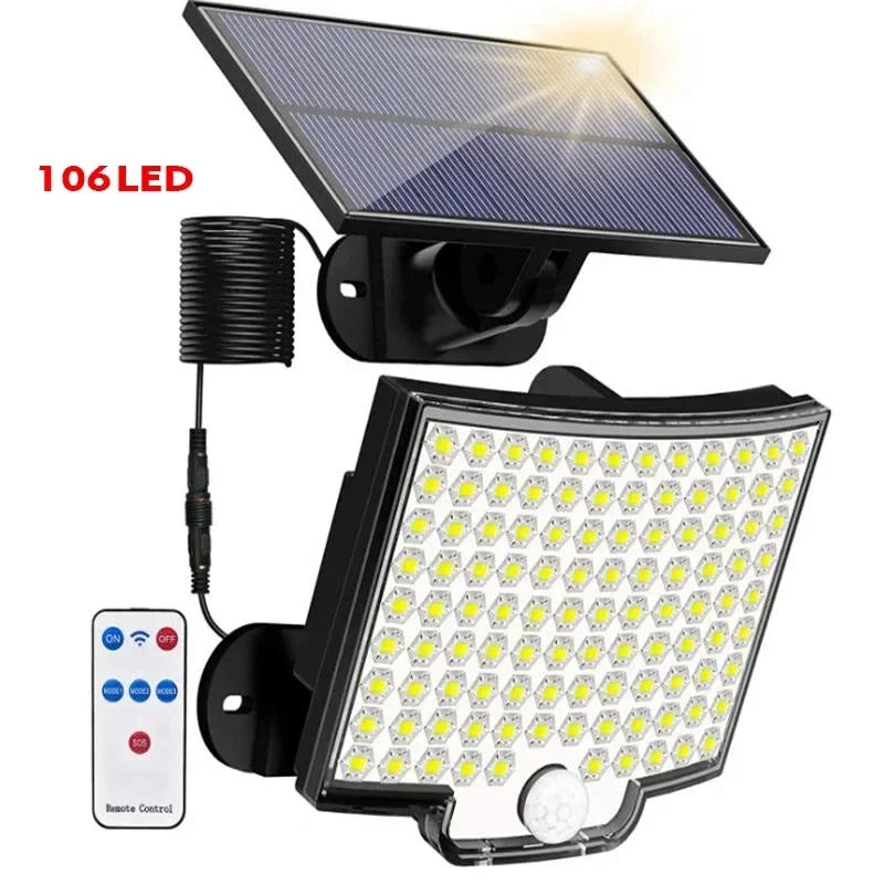106LED Solar Light Outdoor Waterproof with Motion Sensor Floodlight Remote Control 3 Modes for Patio Garage Backyard Solar Lamp