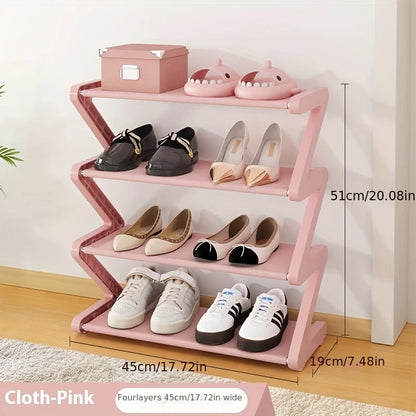 4-Tier Pink Z-Shaped Shoe Rack - Floor-Mounted Storage Rack for Living Room Bedroom & Entryway|Shoe Rack|Shoe Storage Organizer