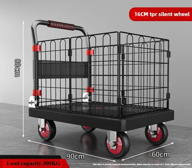 Fence flatbed cart folding silent trolley household pull trolley handling four-wheeled small trailer small pull truck