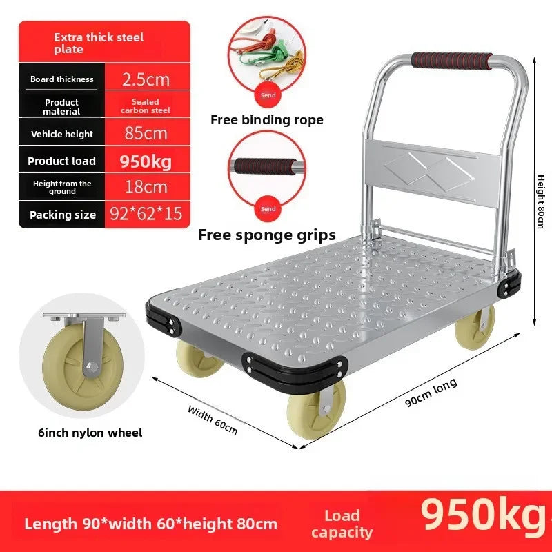 Steel plate pulling trolley trolley trolley handling thickened foldable portable silent trailer pulling flat truck