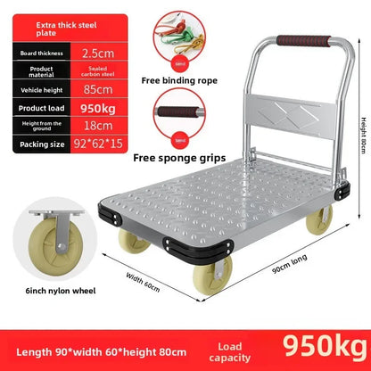Steel plate pulling trolley trolley trolley handling thickened foldable portable silent trailer pulling flat truck