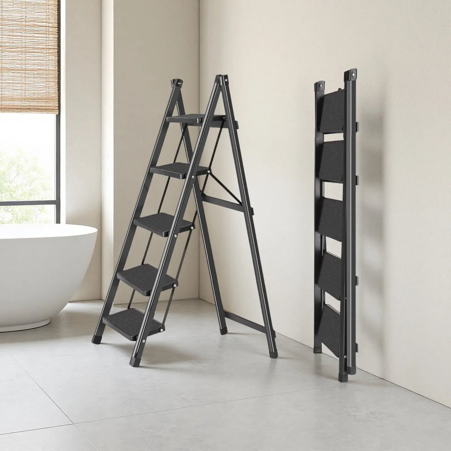 Non-Slip Treads, Multifunctional Household Ladder Folding Stair Stretchable Herringbone Ladders Multifunctional Five-step
