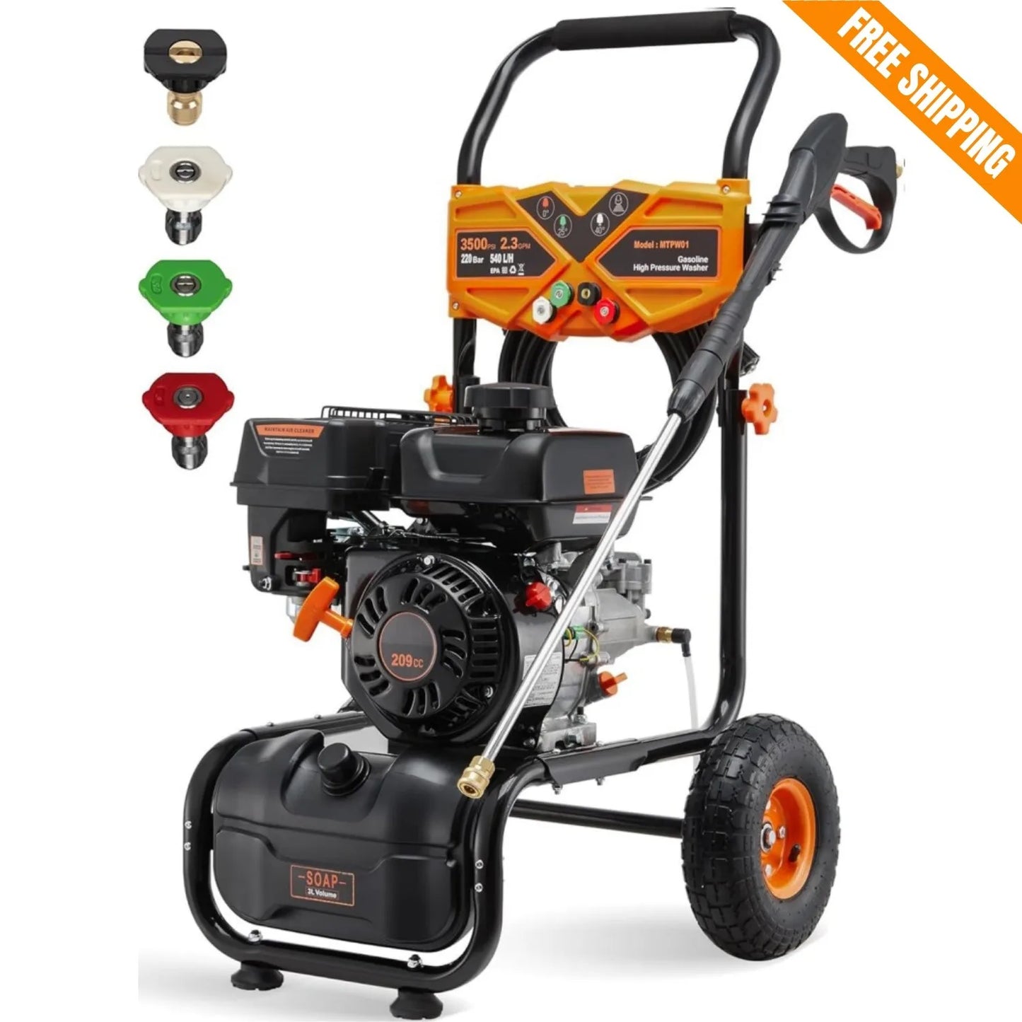 Gas High Pressure Washer 3500 PSI 2.3 GPM Gas Powered Washer 209cc 4 Nozzles USA