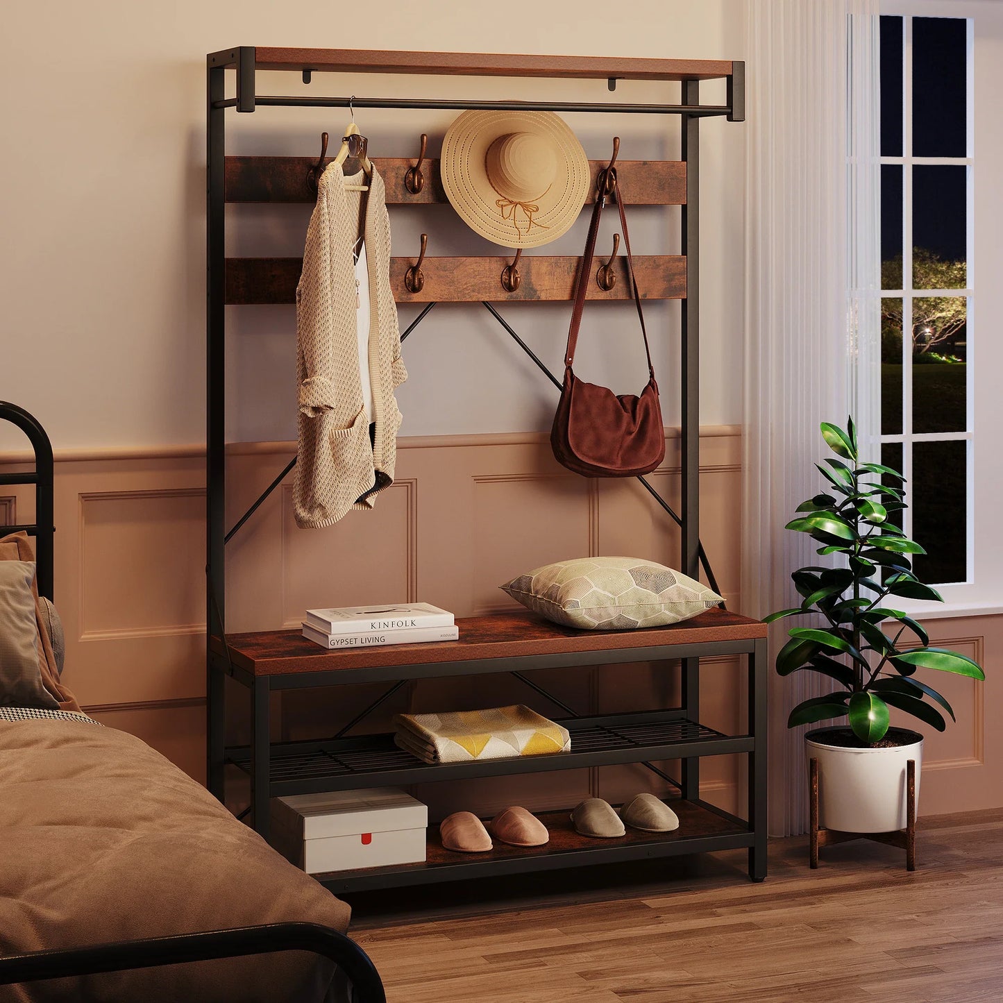 Industrial Hall Tree Coat Rack with Bench & 3-Tier Shoe Storage, 8 Hooks, Sturdy Metal Frame,Entryway Organizer for Hallway