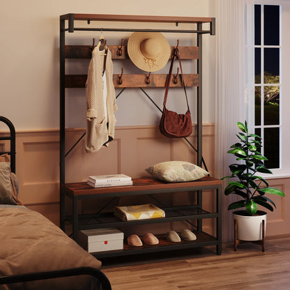 Industrial Hall Tree Coat Rack with Bench & 3-Tier Shoe Storage, 8 Hooks, Sturdy Metal Frame,Entryway Organizer for Hallway
