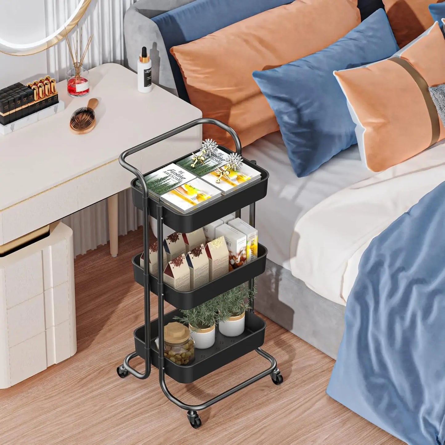 Sooyee 3 Tier Utility Cart,Rolling Cart with Handle and Lockable Wheels, Multi-Functional Storage Cart for Kitchen, Bathroom