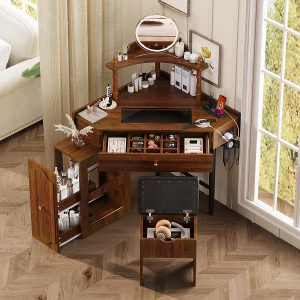 Vanity Desk Set with Storage Cushioned Stool and Charging Station, Triangle Makeup Desk with