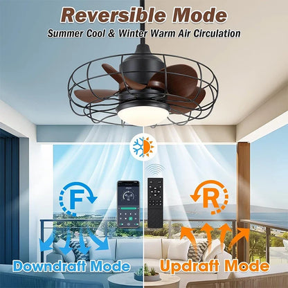 Industrial Style Ceiling Fan with Light and Remote Control Black Round Cage Outdoor Waterproof Fan with Hook for Patios Porch