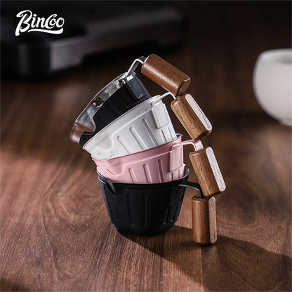 Bincoo Professional Espresso Measuring Cup, 90ml Dual Spout with Wood Handle and ml/oz Scales for Barista-Level Control