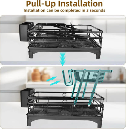 2 Tier Dish Drying Rack, Anti-Rust Large Dish Drainers for Kitchen Sink with Dish Drying Mat