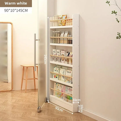 Solid wood bookshelf, floor standing wall mounted multi-layer storage rack, household bookshelf, thin bookshelf behind the door