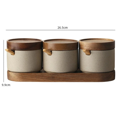 JUSTINLAU Ceramic Seasoning Jar Japanese Spice Container with Bamboo Lid Spoon Home Oil Pot Seasoning Bottle Tray Kitchen Tools