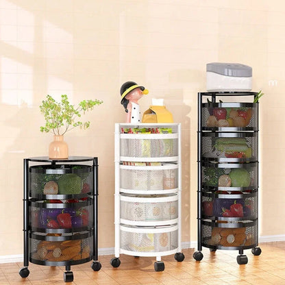Kitchen Organizer Trolley Cart Rolling Foldable Portable Storage Multi Tier Round Fruit Vegetable Shelf No Assembly Furniture