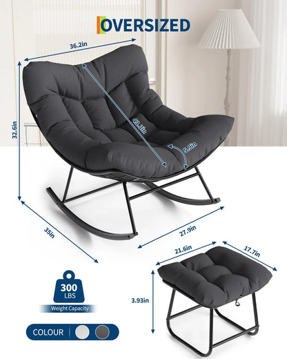 Oversized Papasan Rocking Chair With Ottoman, Outdoor Lounge Egg Rocker For Porch Balcony Backyard, Heavy Duty 450lb Capacity