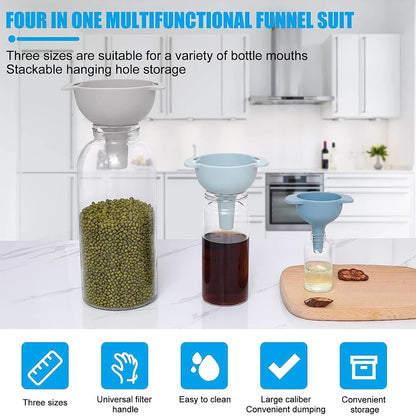 4 in 1 Kitchen Funnels for Filling Bottles Kitchen Funnels with Detachable Strainer Filter BPA-Free Food Grade Oil Funnel