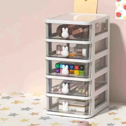 2-5 Layers Clear Stacking Drawer Organizer Multi-Tier PP Storage Box Cartoon for Office/Beauty Products, Modular Desktop System
