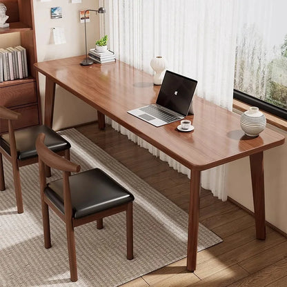 Double desk with solid wood legs, long and simple, for home use, near a window or wall, narrow table/workbench
