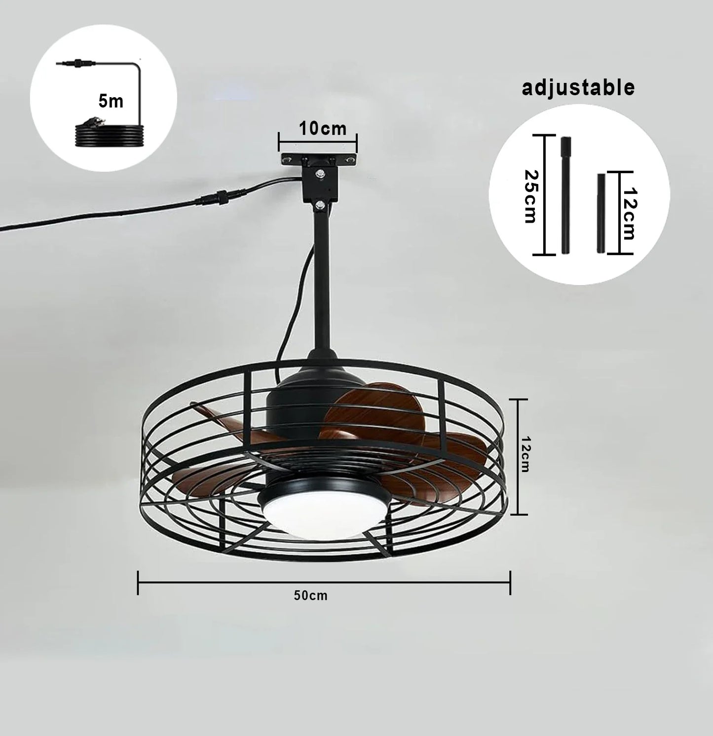 Industrial Style Ceiling Fan with Light and Remote Control Black Round Cage Outdoor Waterproof Fan with Hook for Patios Porch