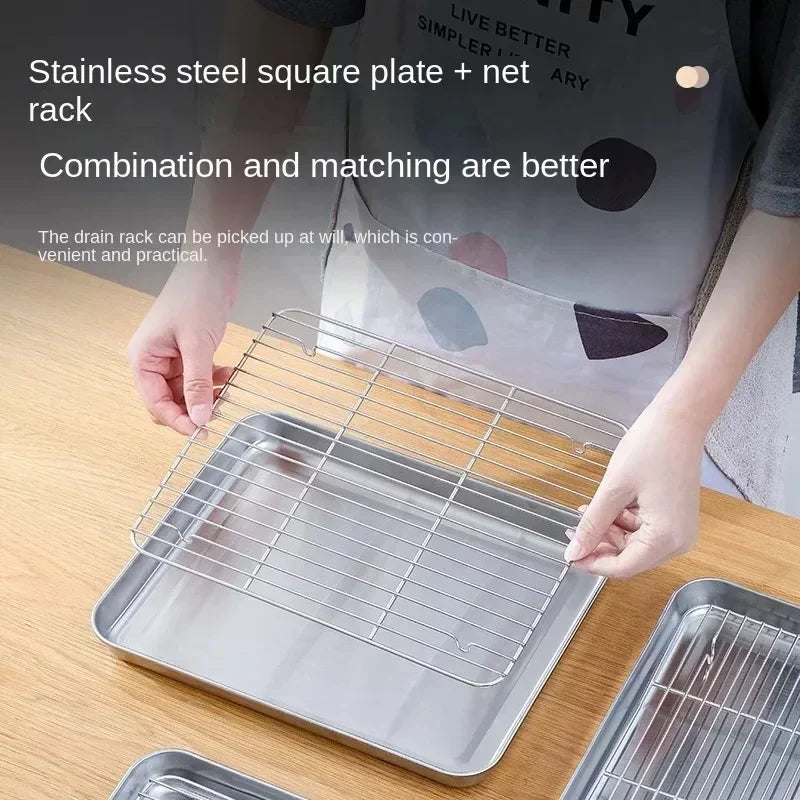 Stainless Steel Baking Pan Tray with Wire Rack Cake Baking BBQ Pan Tray Plate Oven Brownie Rack Cooking Roasting Grilling Tool