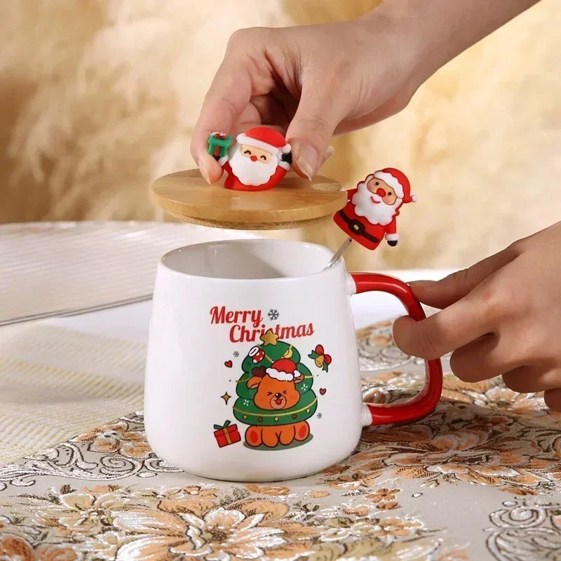 New Year Festive Christmas Xmas Theme Ceramic Mug Cup Set with Lid and Spoon Christmas Gift Box Mug Coffee Milk Tea Breakfast