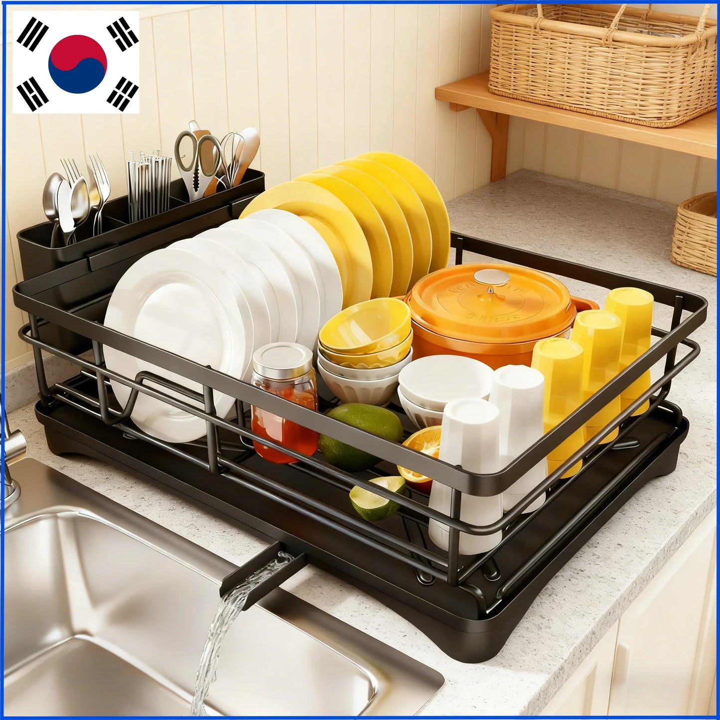 Spacious Kitchen Dish Rack with Drainboard - Rust-Resistant Countertop Drainer with Utensil Holder for Efficient Drying