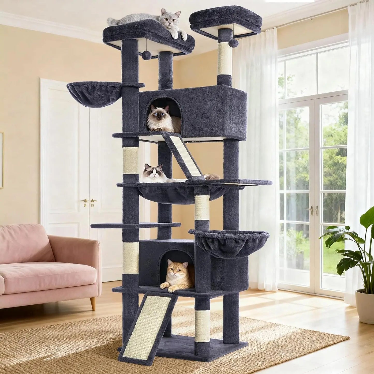 82-inch Multi-Level Cat Tower with Scratching Posts, Hammock, Perches, Condos, and Hanging Baskets in Dark Grey