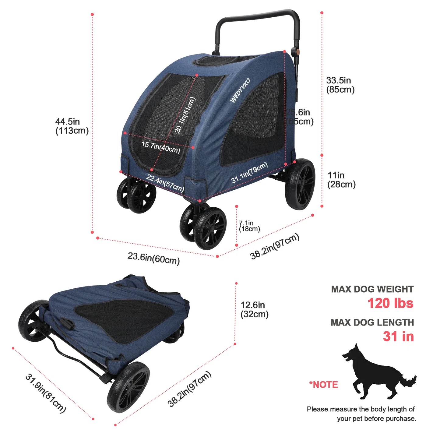 Heavy Duty Dog Stroller for Large Dogs up to 120 lbs, Foldable Pet Wagon with 360° Wheels, All-Round Ventilation, Front & Rear Z