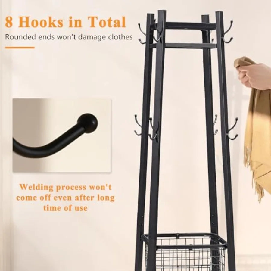 Coat Rack FreestandingHall Tree with Metal Basket and Storage Shelves Industrial Coat Rack Stand with 8 Hooks for Hanging Coats