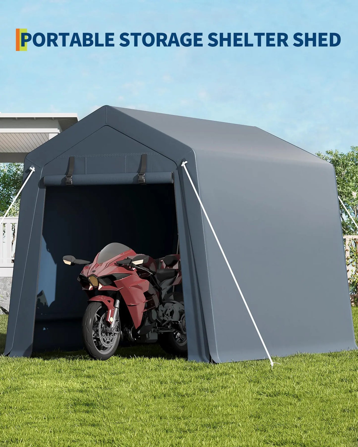 6x8 FT Heavy Duty Outdoor Storage Shed Portable Steel Frame Shelter With Waterproof PE Tarp Cover Dual Zipper Doors & Mesh Vents