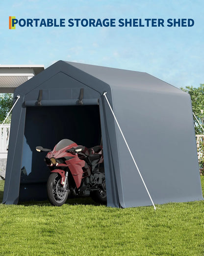 6x8 FT Heavy Duty Outdoor Storage Shed Portable Steel Frame Shelter With Waterproof PE Tarp Cover Dual Zipper Doors & Mesh Vents