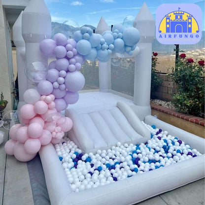 （This product is currently out of stock）White Bounce House With Slide Ball Pit Party  Inflatable Mini Bouncy Castle With Blower