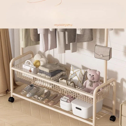 Metal Cream Wheeled Standing Coat Rack Clothes Rack Hat Bag Hanger Bedroom Entryway Hall Closet Organizer Home Furniture