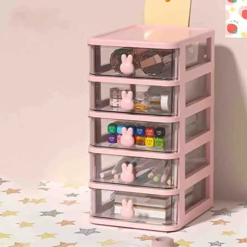 2-5 Layers Clear Stacking Drawer Organizer Multi-Tier PP Storage Box Cartoon for Office/Beauty Products, Modular Desktop System
