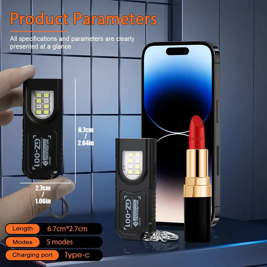 Powerful Mini COB LED Keychain Flashlight USB Rechargeable Hanging Work Light Waterproof Keyring Camping Walking Pocket Lamp