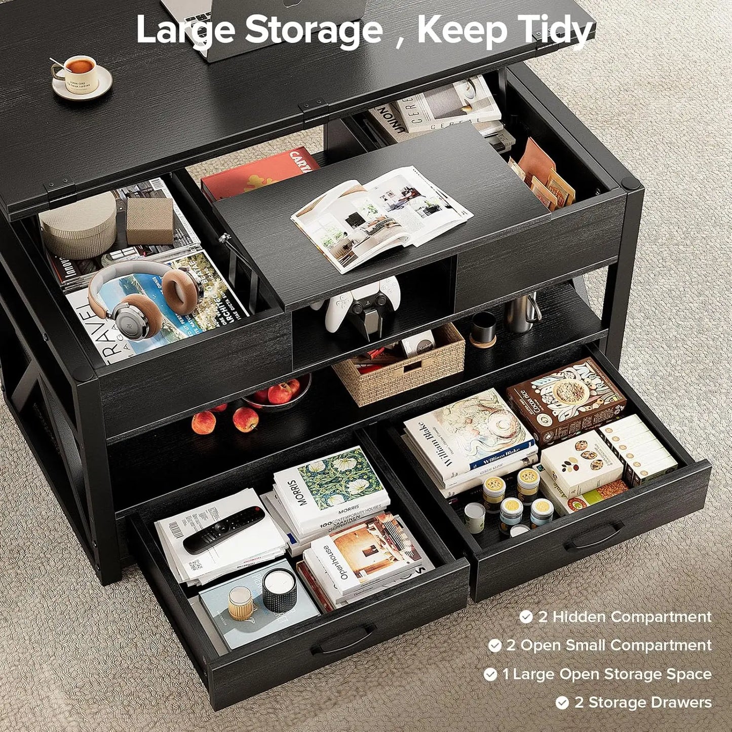 40" Lift Top Coffee Table,4 in 1 Multi-Function Lift Coffee Tables with Storage Drawers and Hidden Compartmen,,FarmhouseTable