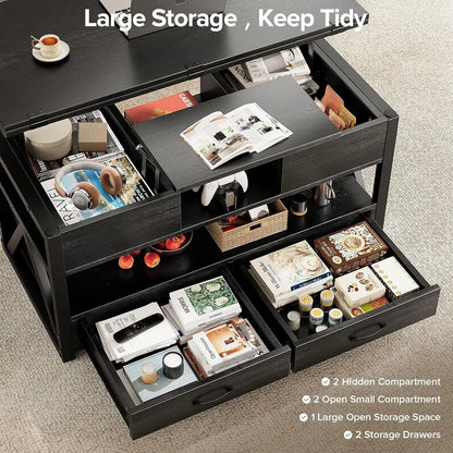 40" Lift Top Coffee Table,4 in 1 Multi-Function Lift Coffee Tables with Storage Drawers and Hidden Compartmen,,FarmhouseTable