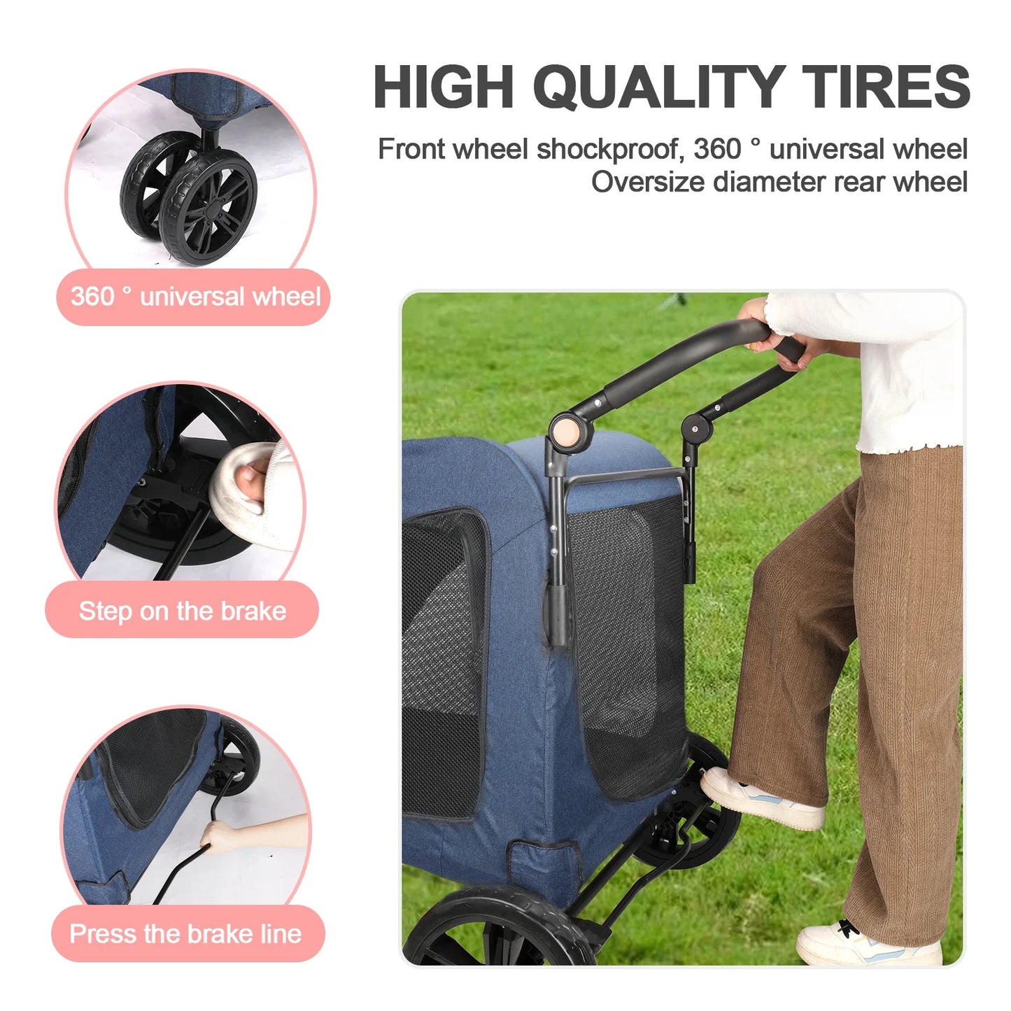 Heavy Duty Dog Stroller for Large Dogs up to 120 lbs, Foldable Pet Wagon with 360° Wheels, All-Round Ventilation, Front & Rear Z