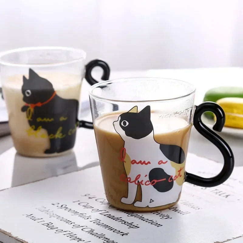 JUSTINLAU 3D Cat Tail Coffee Mug 250ml High Borosilicate Glass Heat-resistant Water Cups Home Breakfast Milk Cup for Cat lover