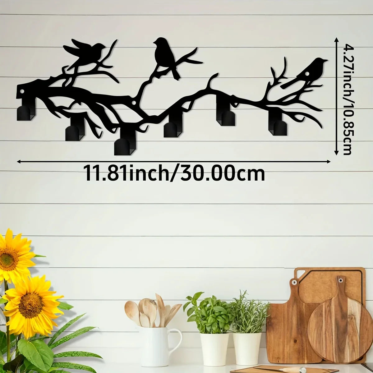 1pc Bohemian Black Metal Bird on Branch Wall Hook - Heavy-Duty Hot Iron Key Holder with Bird Silhouettes (Crows/Sparrows)