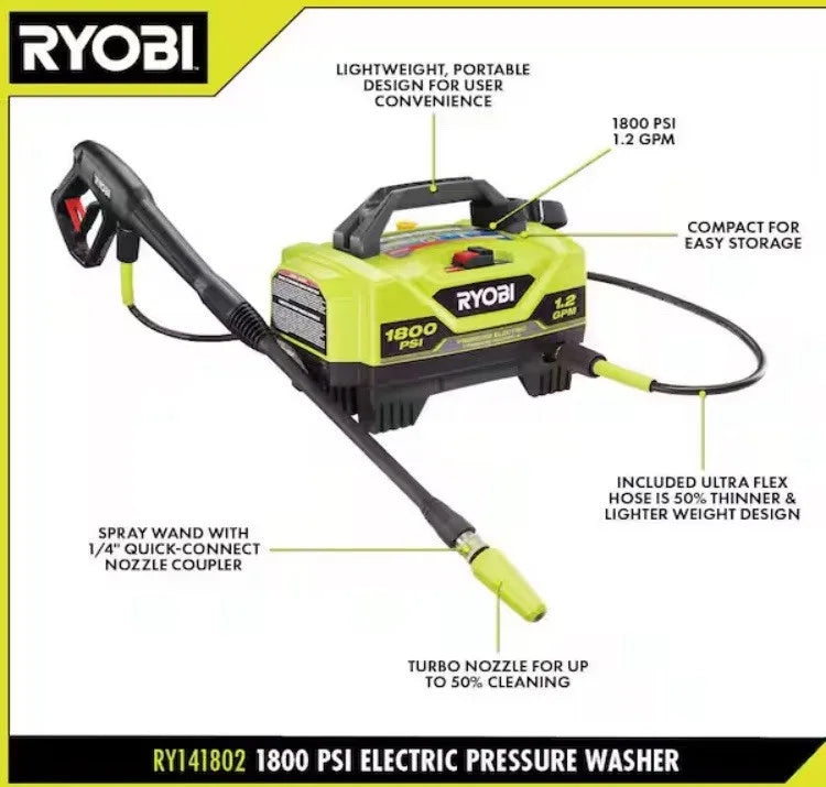 Ryobi 1800 PSI Pressure Washer 1.2 GPM Cold Water Electric BRAND NEW RY141802