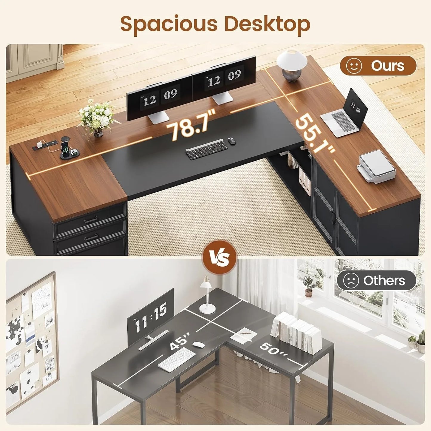 78.7" L Shaped Executive Desk, Large Home Office Computer Desk with 3 Drawers