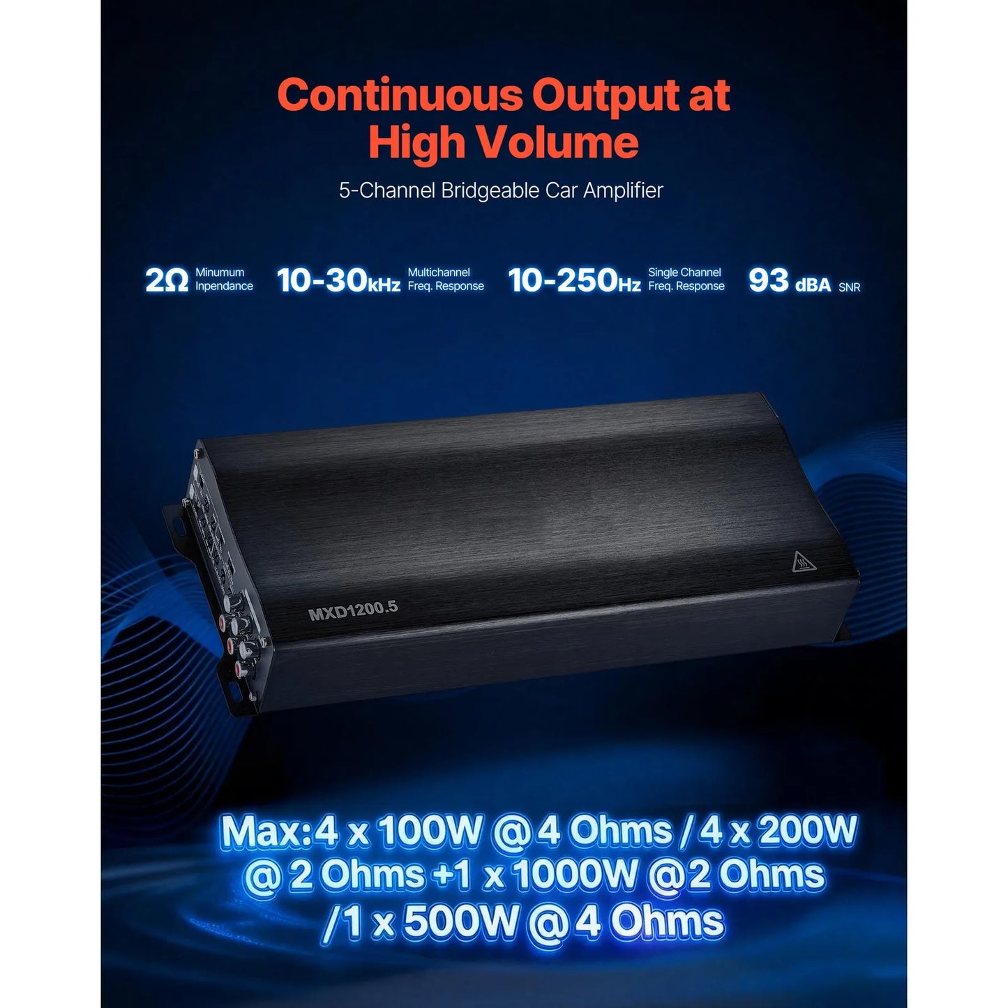 Uimoso 5-channel Class D Car Amplifier Stereo Amp 4 x 200W + 1 x 1000W@ 2 ohms