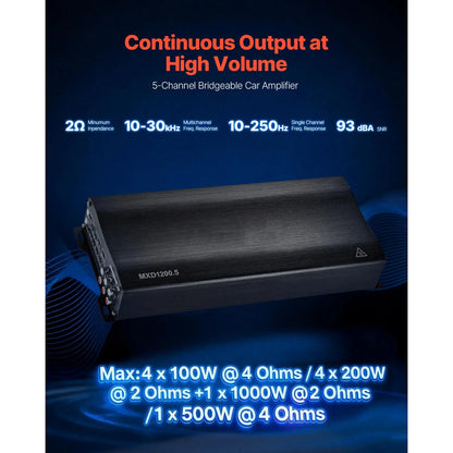 Uimoso 5-channel Class D Car Amplifier Stereo Amp 4 x 200W + 1 x 1000W@ 2 ohms