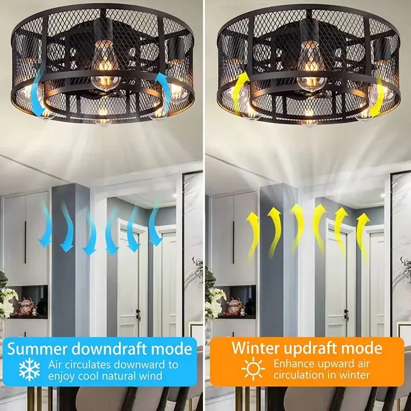 Reversible 6 Speed  Ceiling Fan Lights with Remote Control Black Cage Flush Mount Fandelier Rustic Farmhouse Lighting