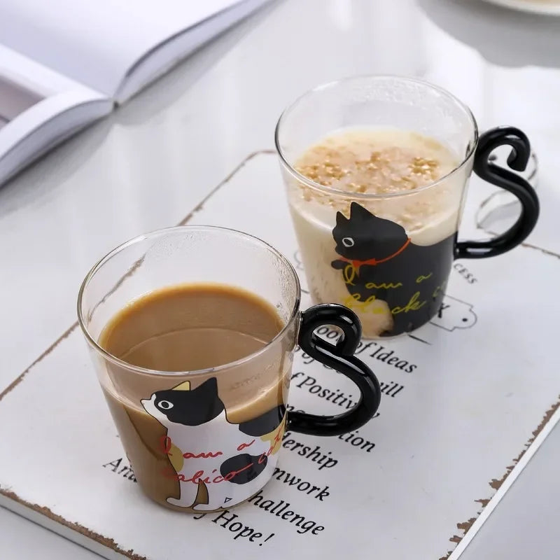JUSTINLAU 3D Cat Tail Coffee Mug 250ml High Borosilicate Glass Heat-resistant Water Cups Home Breakfast Milk Cup for Cat lover