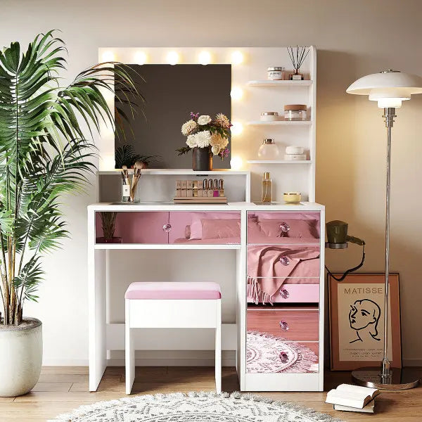 Vanity Desk with Glass Top and 11 Bulbs, 3 Color Lighting Modes, Makeup Vanity with Pink Finish