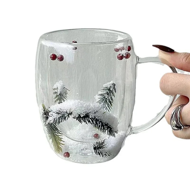 200/350ML Christmas Mug Double Wall Glass Cup Snow Scene Coffee Cup Heat Resistant Juice Milk Glass Water Cup ‌Christmas Gift
